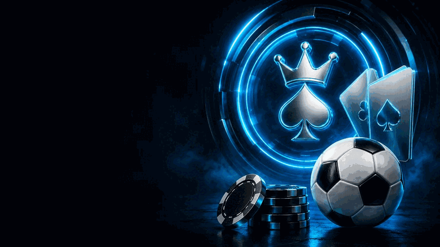 Betkom güncel giriş için hareketli elektrik mavisi futbol ve casino görseli